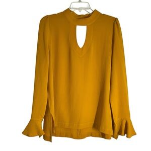 JODIFL Golden Mustard Yellow Double Keyhole Long Sleeve Blouse Wrist Ruffles